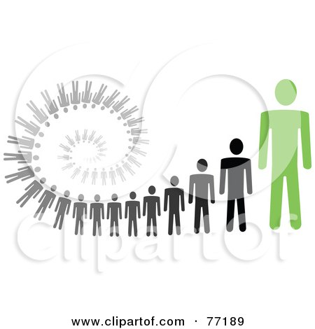 Royalty-Free (RF) Clipart Illustration of a Spiral Of Black And Gray Paper People Standing Behind A Green Leader - Version 2 by Jiri Moucka