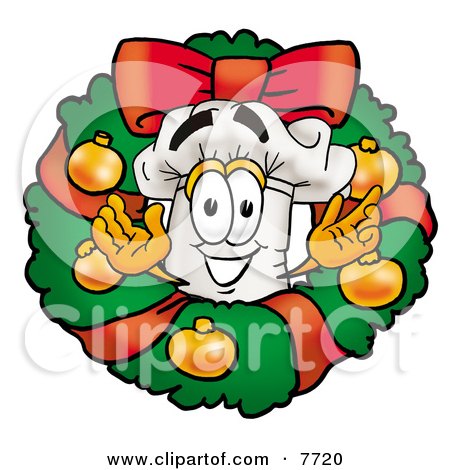 Clipart Picture of a Chefs Hat Mascot Cartoon Character in the Center of a Christmas Wreath by Mascot Junction