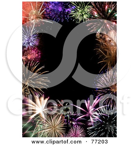 Royalty-Free (RF) Clipart Illustration of a Border Of Colorful Grand Finale Fireworks Framing A Black Background by Arena Creative
