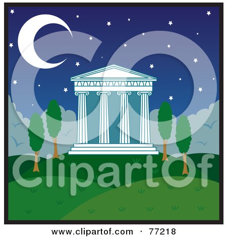 Royalty-Free (RF) Clipart Illustration of a Crescent Moon And Stars Over A Temple With Columns In A Hilly Landscape by Rosie Piter