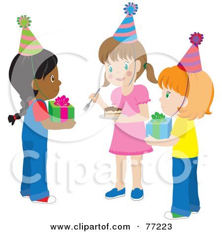 Royalty-Free (RF) Clipart Illustration of a Group Of Girls Holding Presents And Cake At A Birthday Party by Rosie Piter