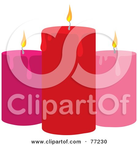 Royalty-Free (RF) Clipart Illustration of Red And Pink Candles With Lit Wicks And Melting Wax by Rosie Piter