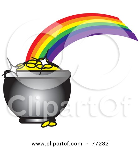 Royalty-Free (RF) Clipart Illustration of a Colorful Rainbow Shooting Off Of A Pot Of Shiny Gold by Rosie Piter