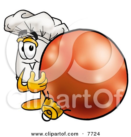 Clipart Picture of a Chefs Hat Mascot Cartoon Character Standing With a Christmas Bauble by Mascot Junction