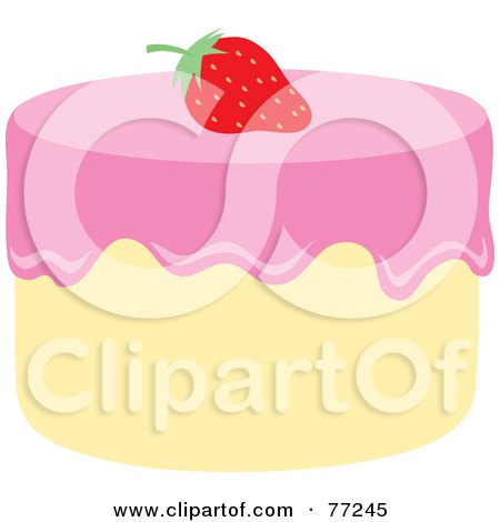 Royalty-Free (RF) Clipart Illustration of a Round Vanilla Cake With Strawberry Frosting And A Strawberry by Rosie Piter