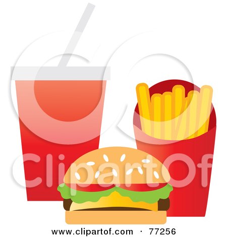 Royalty-Free (RF) Clipart Illustration of a Sesame Seed Bun Cheeseburger With French Fries And A Cola by Rosie Piter