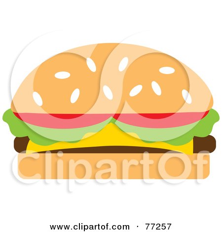 Royalty-Free (RF) Clipart Illustration of a Sesame Seed Bun Cheeseburger Garnished With Tomatoes And Lettuce by Rosie Piter
