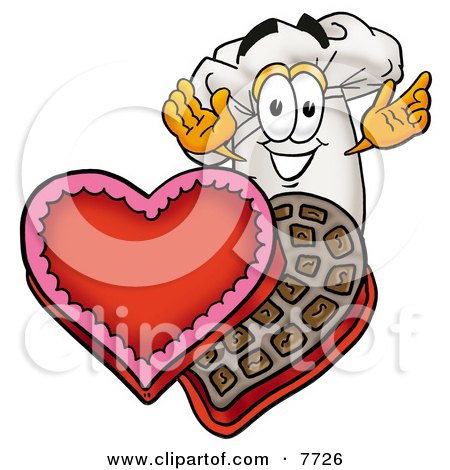 Clipart Picture of a Chefs Hat Mascot Cartoon Character With an Open Box of Valentines Day Chocolate Candies by Mascot Junction