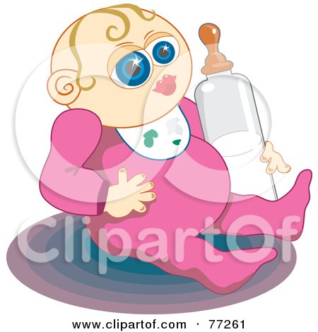 Royalty-Free (RF) Clipart Illustration of a Blue Eyed Baby Girl In A Pink Onesie, Holding A Bottle by Prawny