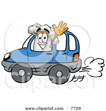 Clipart Picture of a Chefs Hat Mascot Cartoon Character Driving a Blue Car and Waving by Mascot Junction