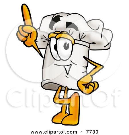 Clipart Picture of a Chefs Hat Mascot Cartoon Character Pointing Upwards by Mascot Junction