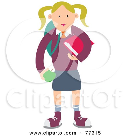 Royalty-Free (RF) Clipart Illustration of a Happy Blond School Girl Carrying An Apple And Book by Prawny