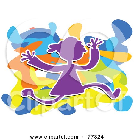 Royalty-Free (RF) Clipart Illustration of a Purple Girl Silhouette Running Over A Funky Colorful Splatter by Prawny