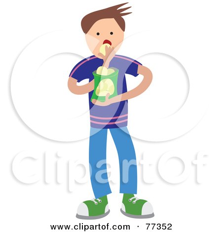Royalty-Free (RF) Clipart Illustration of a Hungry Boy Eating A Bag Of Chips Or Crisps by Prawny