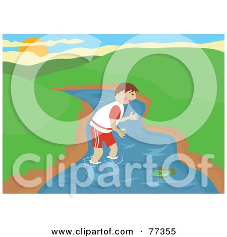 Royalty-Free (RF) Clipart Illustration of a Boy Wading In The A And Trying To Catch A Fish With His Bare Hands by Prawny