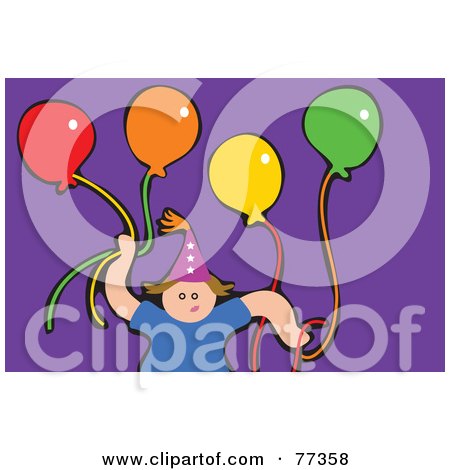 Royalty-Free (RF) Clipart Illustration of a Party Boy Wearing A Hat And Holding Colorful Balloons Over Purple by Prawny