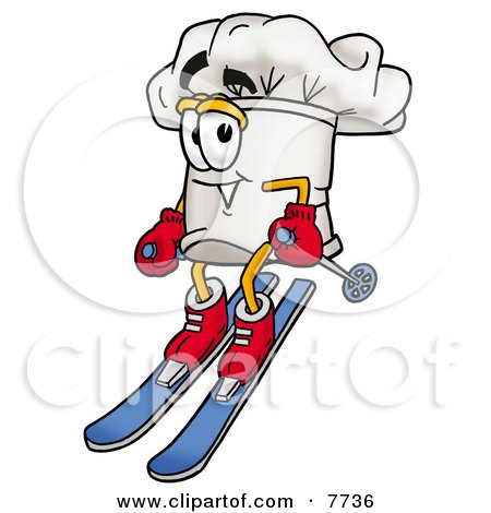 Clipart Picture of a Chefs Hat Mascot Cartoon Character Skiing Downhill by Mascot Junction