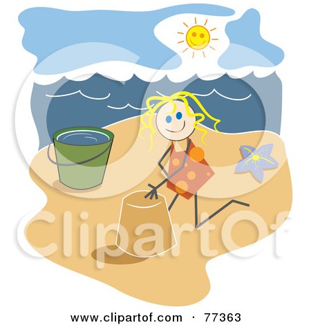 Royalty-Free (RF) Clipart Illustration of a Happy Blond Stick Girl Making A Sand Castle With A Pail On A Beach by Prawny