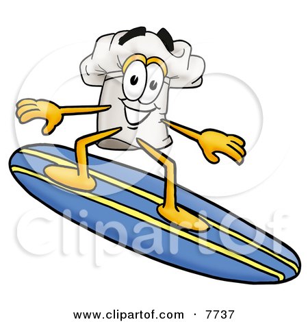 Clipart Picture of a Chefs Hat Mascot Cartoon Character Surfing on a Blue and Yellow Surfboard by Mascot Junction