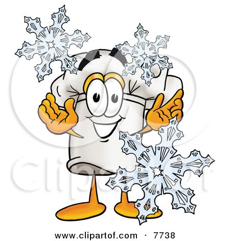 Clipart Picture of a Chefs Hat Mascot Cartoon Character With Three Snowflakes in Winter by Mascot Junction