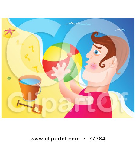 Royalty-Free (RF) Clipart Illustration of a Young Man Holding A Beach Ball By A Bucket At A Beach by Prawny