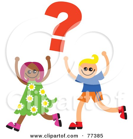 Royalty-Free (RF) Clipart Illustration of a Boy And Girl Running Under A Red Question Mark by Prawny