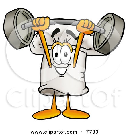 Clipart Picture of a Chefs Hat Mascot Cartoon Character Holding a Heavy Barbell Above His Head by Mascot Junction