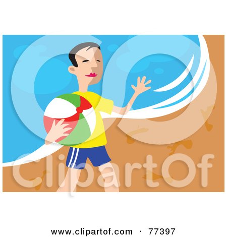 Royalty-Free (RF) Clipart Illustration of a Friendly Boy Carrying A Ball And Waving At The Beach by Prawny