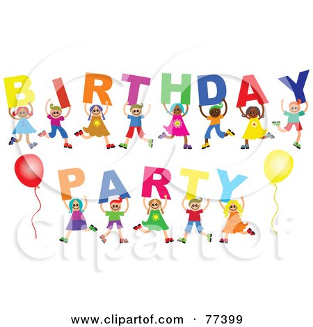 Royalty-Free (RF) Clipart Illustration of a Group Of Kids Holding Up Letters Reading Birthday Party by Prawny