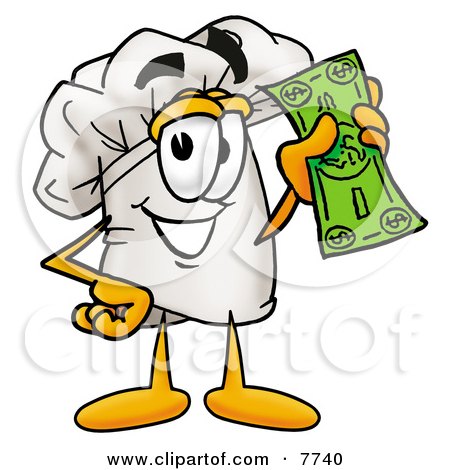Clipart Picture of a Chefs Hat Mascot Cartoon Character Holding a Dollar Bill by Mascot Junction