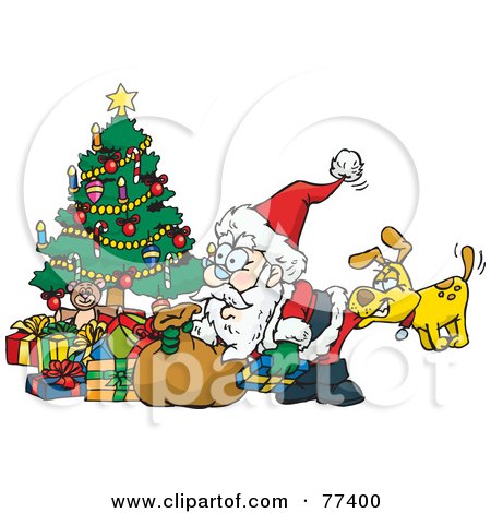 Royalty-Free (RF) Clipart Illustration of a Dog Biting Santa's Butt As He Unloads Presents Under A Christmas Tree by Dennis Holmes Designs