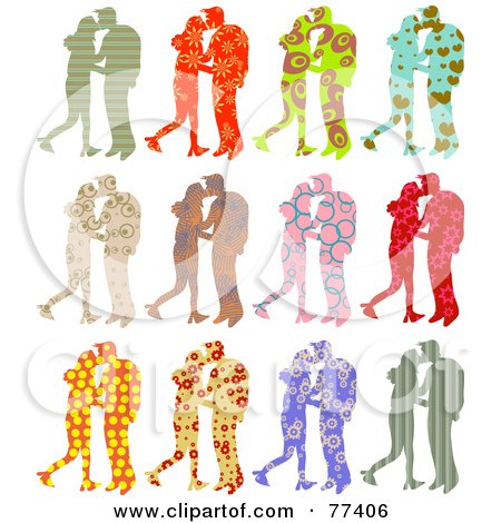 Royalty-Free (RF) Clipart Illustration of a Digital Collage Of Twelve Silhouetted Patterned Couples Kissing by Prawny