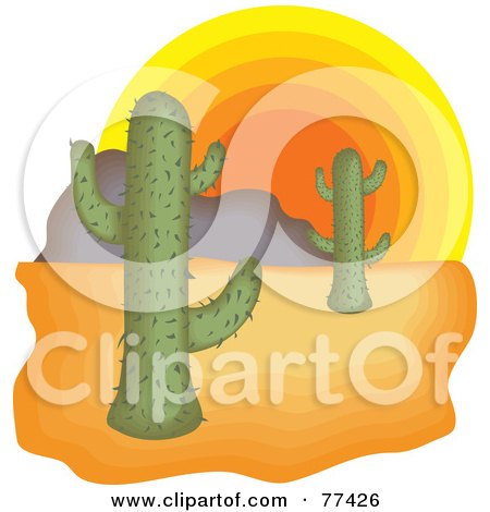 Royalty-Free (RF) Clipart Illustration of a Desert Landscape With A Sunset Sun Over Cactus Plants by Prawny