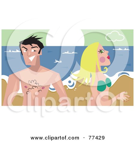 Royalty-Free (RF) Clipart Illustration of a Flirty Young Couple Walking Past Each Other On A Beach by Prawny