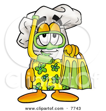 Clipart Picture of a Chefs Hat Mascot Cartoon Character in Green and Yellow Snorkel Gear by Mascot Junction