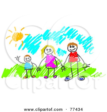 Royalty-Free (RF) Clipart Illustration of a Stick People Family Of Three Holding Hands Outside by Prawny