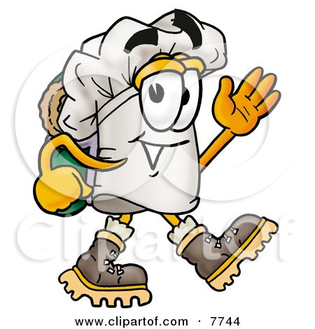 Clipart Picture of a Chefs Hat Mascot Cartoon Character Hiking and Carrying a Backpack by Mascot Junction