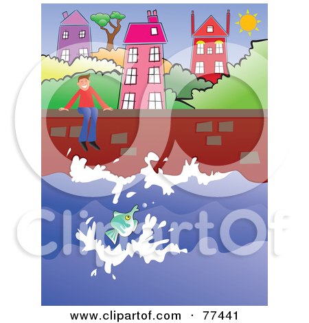 Royalty-Free (RF) Clipart Illustration of a Happy Man Sitting On A Sea Wall And Watching Fish At A Coastal Village by Prawny