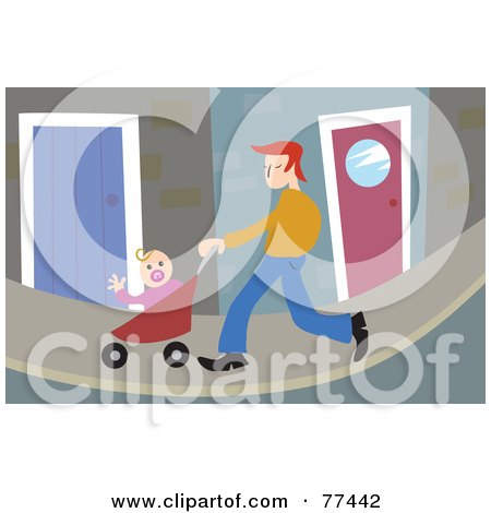 Royalty-Free (RF) Clipart Illustration of a Dad Pushing His Baby Girl In A Pram On A Sidewalk by Prawny