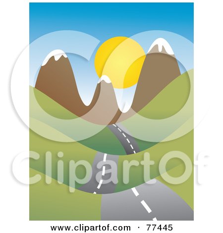 Royalty-Free (RF) Clipart Illustration of a Country Road Leading To The Sun Over Mountains by Prawny
