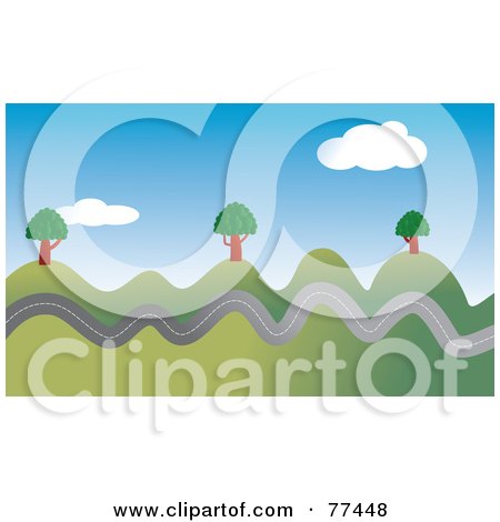 Royalty-Free (RF) Clipart Illustration of a Bumpy Roadway Over A Hilly Landscape With Trees by Prawny
