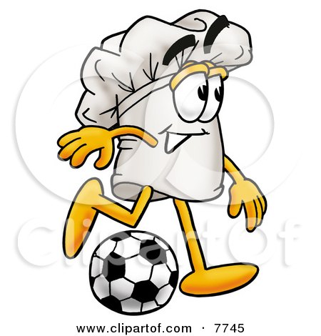 Clipart Picture of a Chefs Hat Mascot Cartoon Character Kicking a Soccer Ball by Mascot Junction