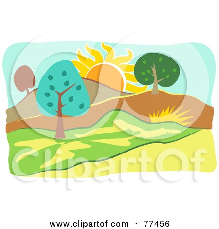 Royalty-Free (RF) Clipart Illustration of a Sun Over A Landscape Of Hills And Trees by Prawny