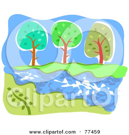 Royalty-Free (RF) Clipart Illustration of a Rural Landscape A Stream Running Past Trees by Prawny