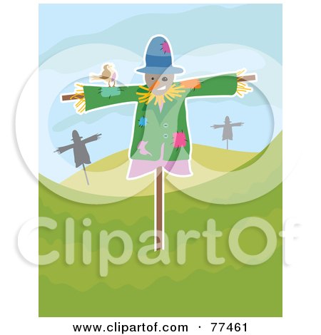 Royalty-Free (RF) Clipart Illustration of a Friendly Brown Bird On A Scarecrow In A Hilly Landscape by Prawny