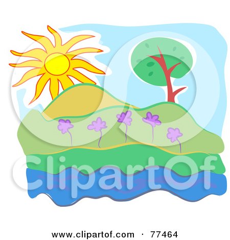 Royalty-Free (RF) Clipart Illustration of a Sun Peaking Over Hills, Flowers And A Tree By A Stream by Prawny