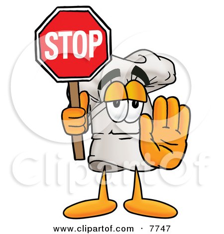 Clipart Picture of a Chefs Hat Mascot Cartoon Character Holding a Stop Sign by Mascot Junction