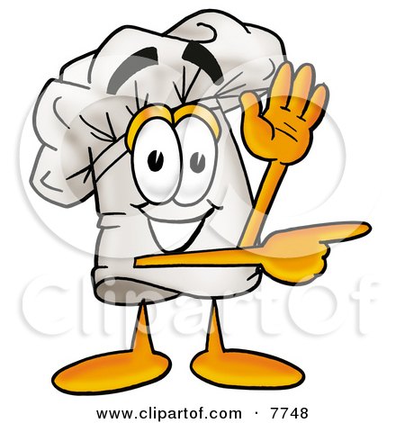Clipart Picture of a Chefs Hat Mascot Cartoon Character Waving and Pointing by Mascot Junction