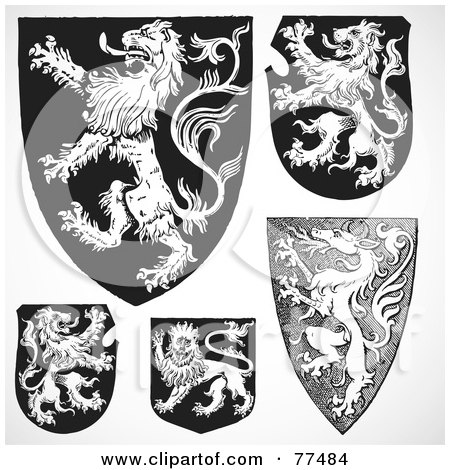 Royalty-Free (RF) Clipart Illustration of a Digital Collage Of Black And White Medieval Lion Shields by BestVector
