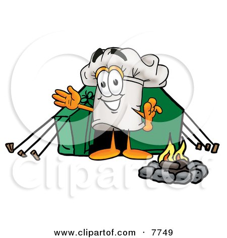 Clipart Picture of a Chefs Hat Mascot Cartoon Character Camping With a Tent and Fire by Mascot Junction